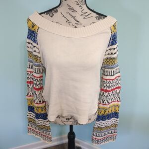 Free People Cream Knit Sweater with Multicolor Patterned Sleeves